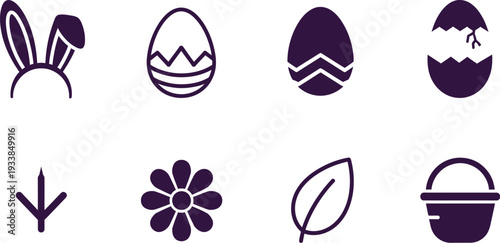 Simple easter themed icon set with bunny ears and eggs on white background