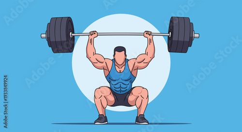 Strong muscular weightlifter performing an overhead press with a heavy barbell in a gym against a blue circular background.