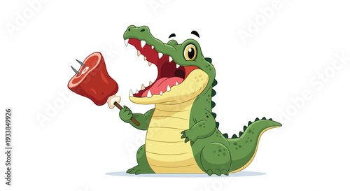 Funny green crocodile character holding a large piece of meat on a fork and opening its mouth wide for a delicious meal.