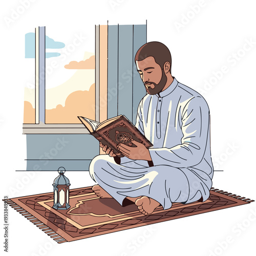 Man reading a holy book sitting.