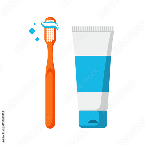 Bright orange toothbrush with blue toothpaste tube, set against a clean white background