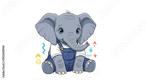 Adorable baby elephant wearing blue denim overalls and a white t-shirt sitting calmly on a clean white background.