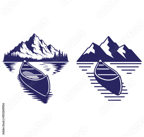 Two vector illustrations of canoes on a lake with mountainous backdrops in a simple style
