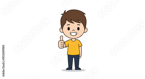 Happy young boy with brown hair giving a confident thumbs up and smiling warmly while standing on a white background.