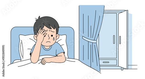 Tired young boy waking up in bed looking exhausted or unwell while a closet door stands open in his bedroom at home.
