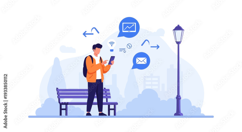 Naklejka premium Man using smartphone in park, digital communication, finance and work icons
