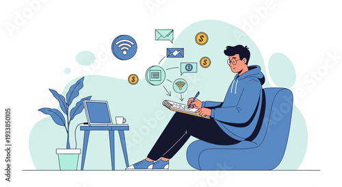 Man working remotely, planning finances and strategy with laptop and icons