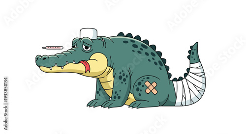 Poor sick crocodile looks unhappy with a thermometer in its mouth and multiple bandages covering its tail and body.