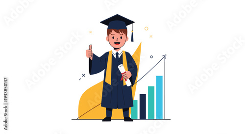 Successful young boy wearing a graduation cap and gown holds a diploma and gives a thumbs up in front of a growth chart.