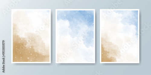 Set of cards with bright colorful vector watercolor background. Design for your date, postcard