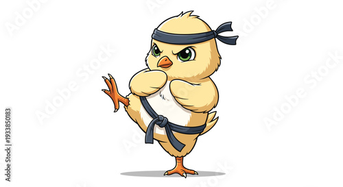 Feisty yellow chick wearing a black belt and headband performs a powerful karate kick with a determined expression.