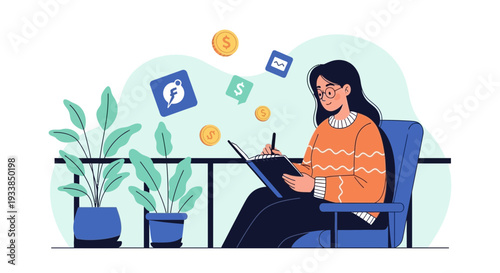 Woman planning finances and investments on balcony with plants and coins