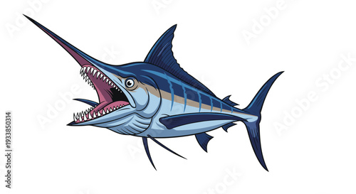 Powerful blue swordfish with sharp teeth and a long pointed bill swims aggressively through the deep ocean water.