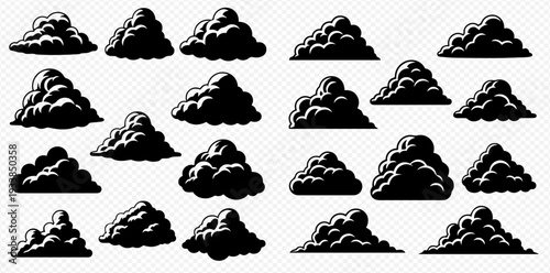 Set of dark cloud silhouettes in various shapes and sizes, isolated on a transparent background, depicting a stormy sky or weather elements.