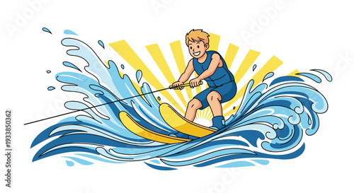 Enthusiastic boy in a life vest glides across the water on skis during a bright summer day with splashing waves.