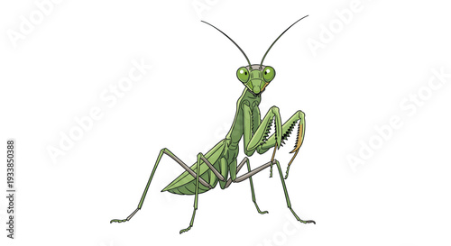 Detailed green praying mantis insect stands in a characteristic pose showing its long legs and large compound eyes.