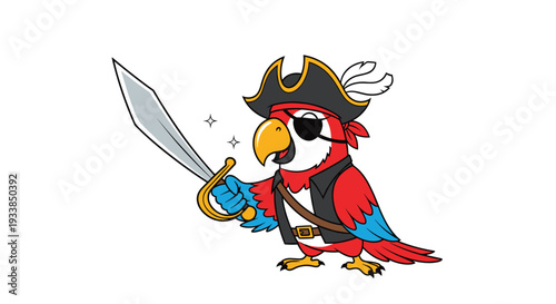 Swashbuckling pirate parrot wearing a captain hat and eye patch holds a sharp cutlass sword ready for an adventure.