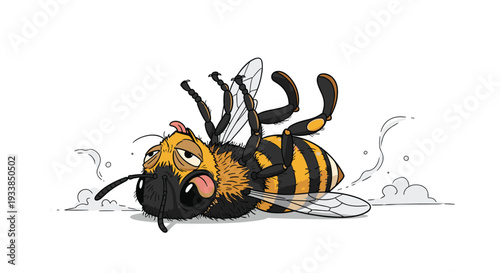 Poor honey bee lies dead on its back with its tongue sticking out and legs curled in the dusty ground or path.
