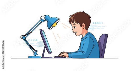 Young boy sits at his desk at night working on a computer under the warm bright light of a blue adjustable desk lamp.