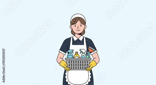 Professional maid in a classic uniform and apron smiles while holding a grey basket filled with various cleaning supplies.