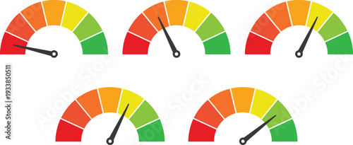 Set of colorful credit score gauge icons, meter scales with needles from red to green, financial performance indicators for design,