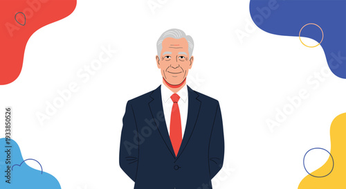 Distinguished older businessman in a dark blue suit and red tie stands confidently against a colorful abstract background.