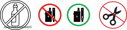 Set of prohibition and restriction icons featuring no alcohol, no vaping, and no scissors symbols in red and black circles.