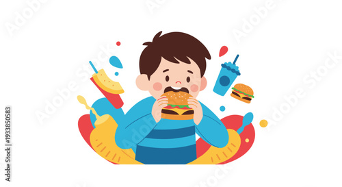 Hungry young boy in a striped shirt enjoys eating a large burger surrounded by floating snacks like fries and soda.