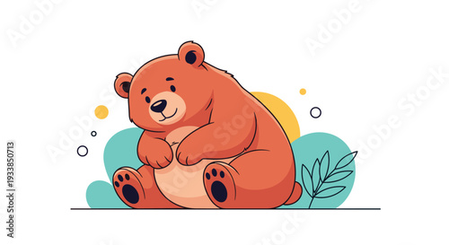 Large brown bear sits comfortably on the ground against a soft colorful background with trees looking very calm and friendly.