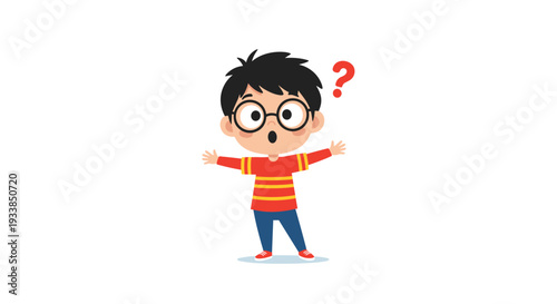 Curious young boy with black hair and glasses stands with his arms wide and a red question mark above his head looking confused.