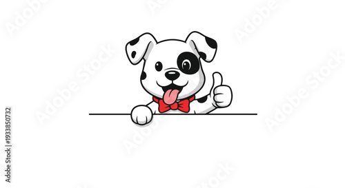 Cute white dog with black spots and a red bow tie peeks over a white border and gives a thumbs up sign with a happy expression.