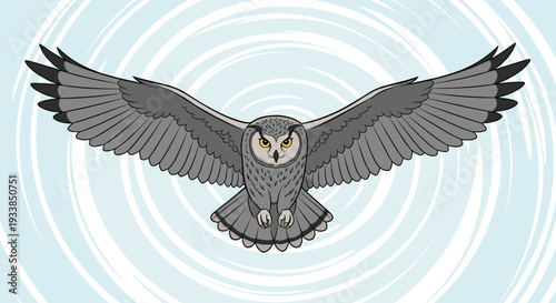 Majestic grey owl with large yellow eyes and wide spread wings flies directly towards the camera against a soft blue sky backdrop.