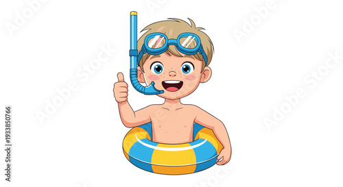 Happy young boy wearing a blue snorkel mask and goggles floats in a colorful inner tube and gives a thumbs up sign in the water.