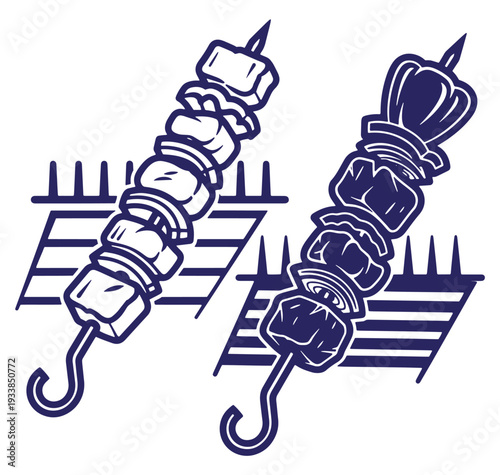 Vector illustration of two delicious grilled kebab skewers with a barbecue grill design
