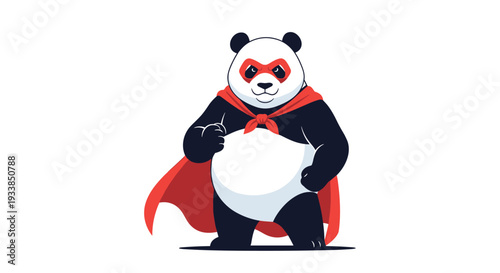Strong panda bear dressed in a red superhero cape and mask stands heroically with its fists clenched ready for action and justice.