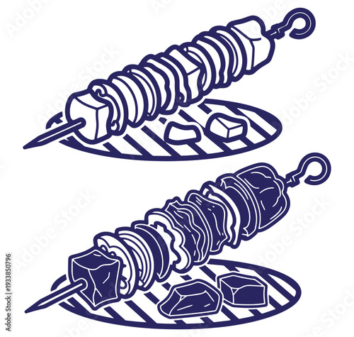 Vector illustration of two delicious skewers featuring vegetables and meat on a barbecue grill.