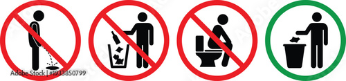 Set of public hygiene signs, no urinating, no littering, no sitting on toilet, and please use trash bin icons,