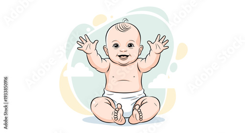 Adorable happy baby sitting on the floor wearing a white diaper with arms raised in the air and a big smile on its face.
