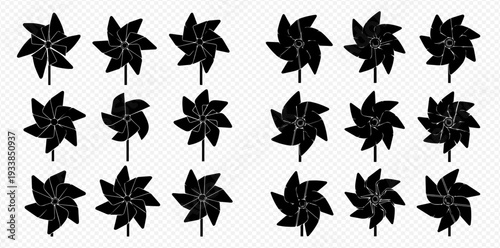 Collection of black pinwheel silhouettes on transparent background, perfect for design elements and playful illustrations.