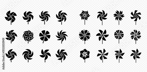 Set of black pinwheel icons on a transparent background, representing various shapes and designs for playful and decorative elements.
