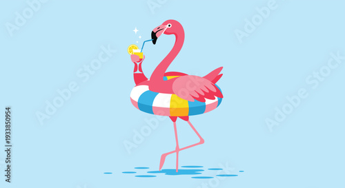 Pink flamingo wearing a colorful inner tube stands in water and sips a yellow tropical cocktail with a straw on a blue background.