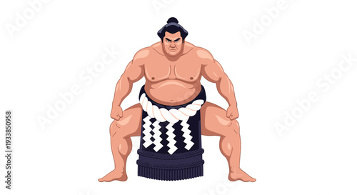 Powerful sumo wrestler in traditional mawashi belt and hairstyle stands in a low crouched stance ready for a competition match.