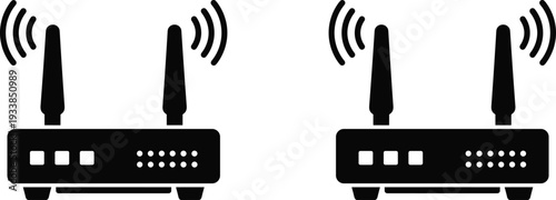 Two black wireless wifi router icons with signal waves isolated on white background, internet connection and networking technology vector illustration.