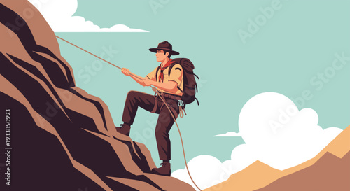 Determined male scout with a backpack and rope scales a steep rock face against a clear blue sky with white clouds background.