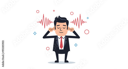 Businessman in a suit and red tie covers his ears with his fingers to block out loud red sound waves floating in the background.