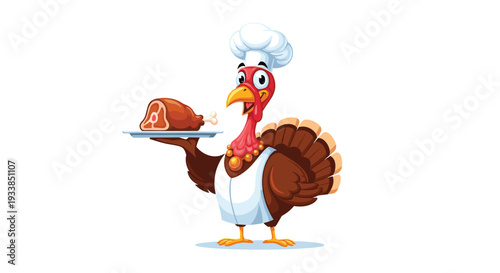 Proud turkey wearing a white chef hat and apron presents a large cooked ham on a silver platter for a holiday dinner feast.