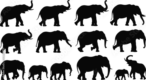 Elephant silhouettes collection set, walking safari wildlife animals isolated on white background design bundle, flat vector illustration