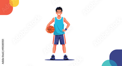 Young male basketball player in a blue and purple uniform standing confidently with a basketball under his arm against a white background.
