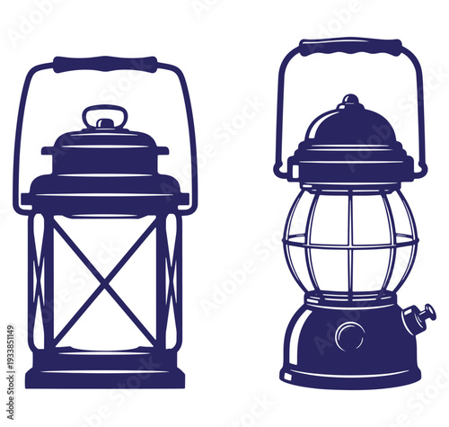 Vintage lanterns illustration in dark blue perfect for outdoor adventure and camping design