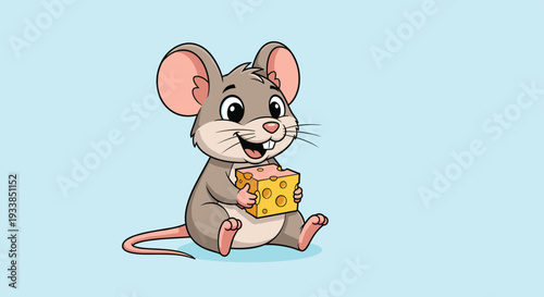 Cheerful cartoon mouse sitting on a light blue background while happily holding and nibbling on a large, holey piece of yellow cheese.